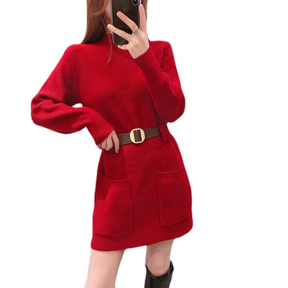 Women's knitted dress with high collar and practical pockets NOVAE