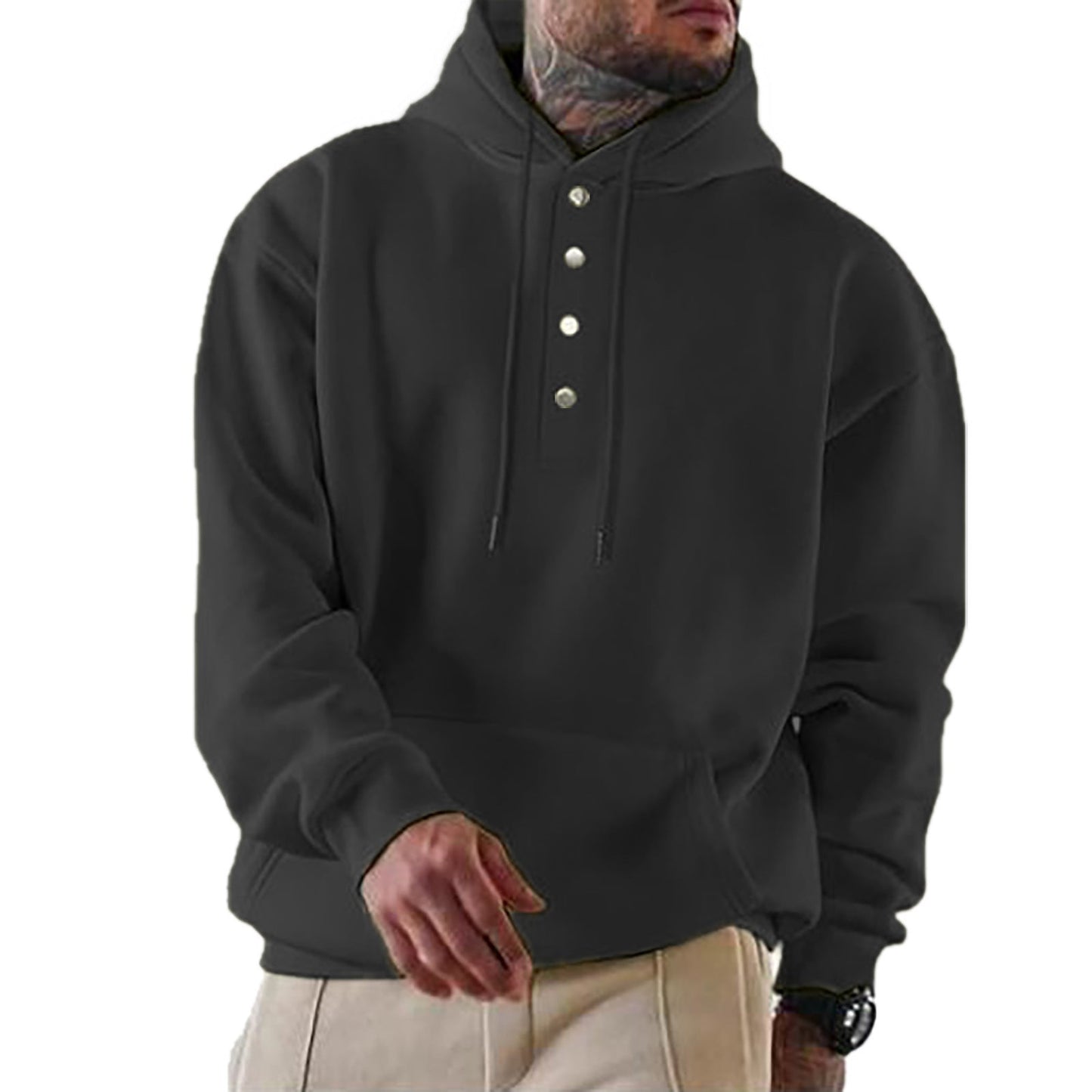 Men's hooded sweatshirt with fashionable button closure and practical kangaroo pocket NOVAE