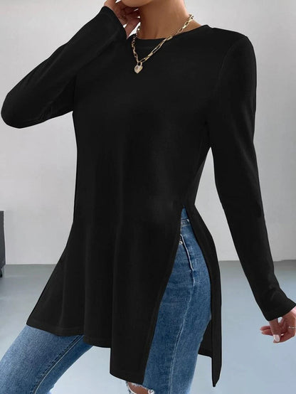 Women's oversized long-sleeved top with side slits and round neckline NOVAE