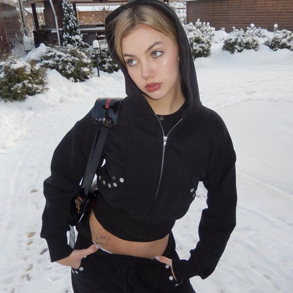 Women's sporty cropped hoodie with innovative snap button details NOVAE