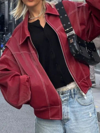 Women's stylish faux leather jacket with draping and adjustable belt NOVAE