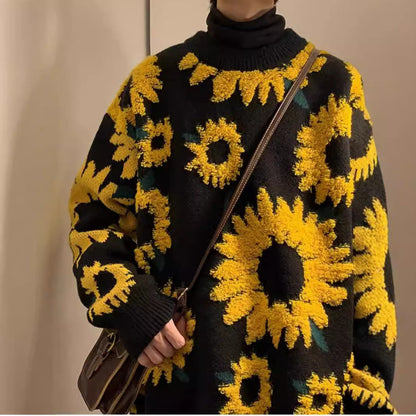 Women's chunky knit sweater with floral appliqués NOVAE