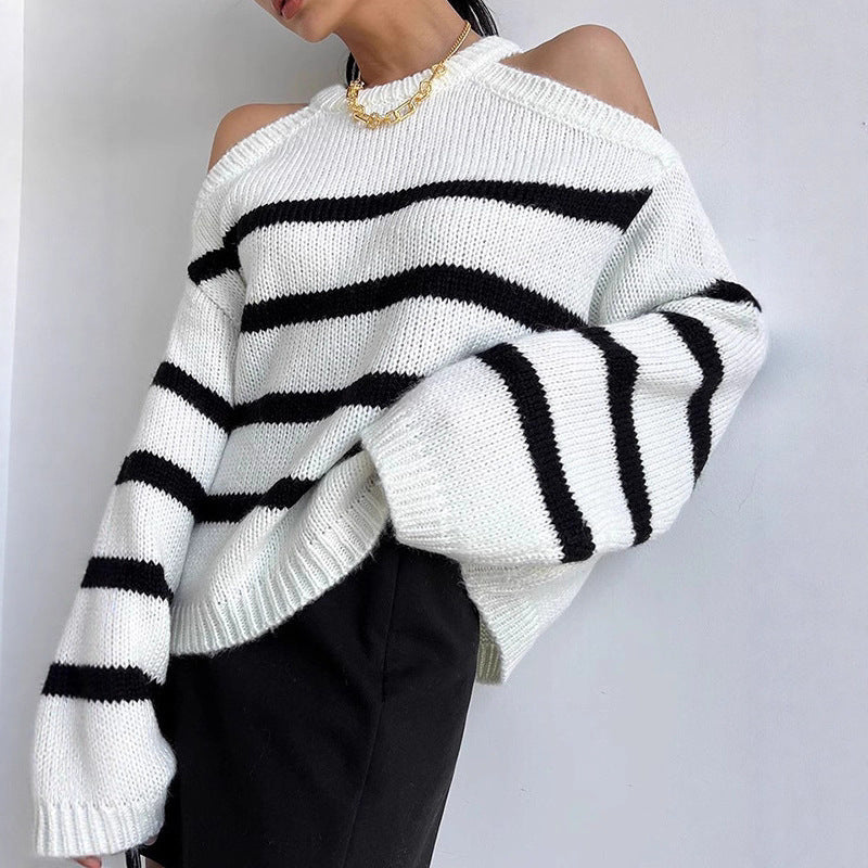 Women's off-the-shoulder knit sweater with striped pattern and relaxed fit NOVAE