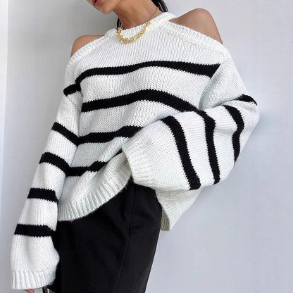 Women's off-the-shoulder knit sweater with striped pattern and relaxed fit NOVAE