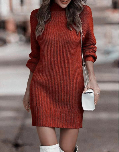 Women's knitted mini dress with elegant stand-up collar and ribbed texture NOVAE