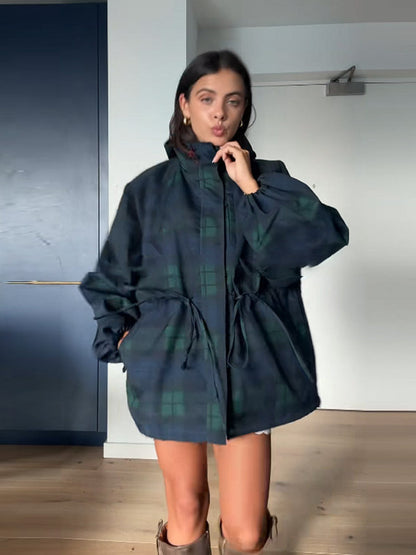 Women's oversized jacket in a casual plaid design with practical pockets and drawstring waist NOVAE
