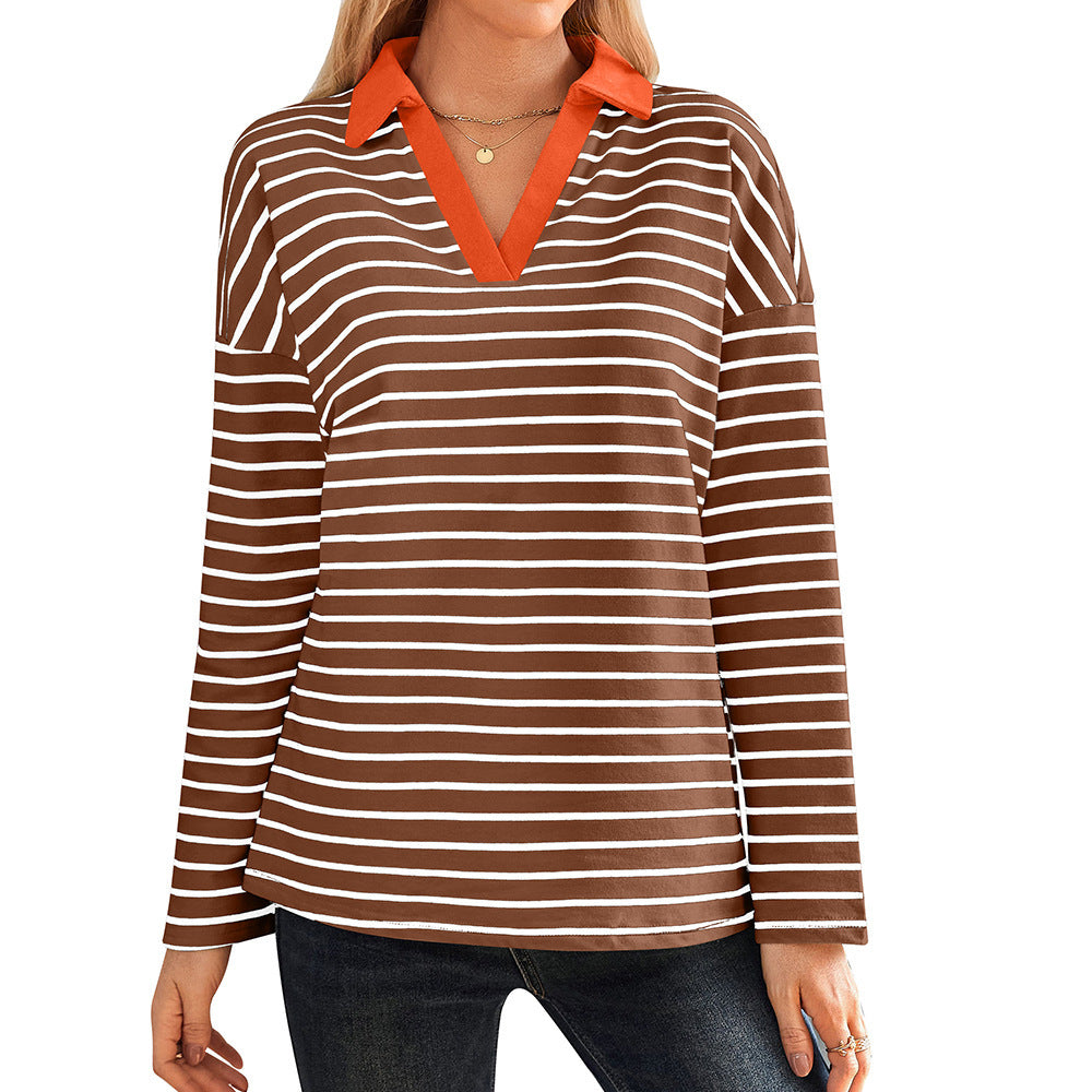 Women's striped polo shirt with V-neck and contrasting collar NOVAE
