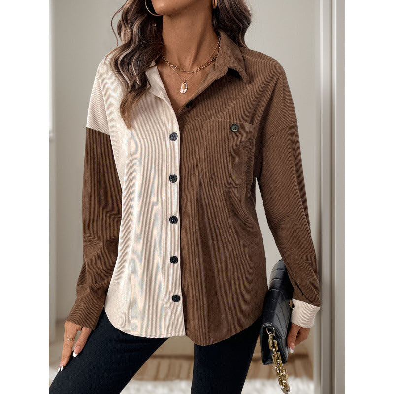 Women's corduroy blouse with fashionable color block design NOVAE