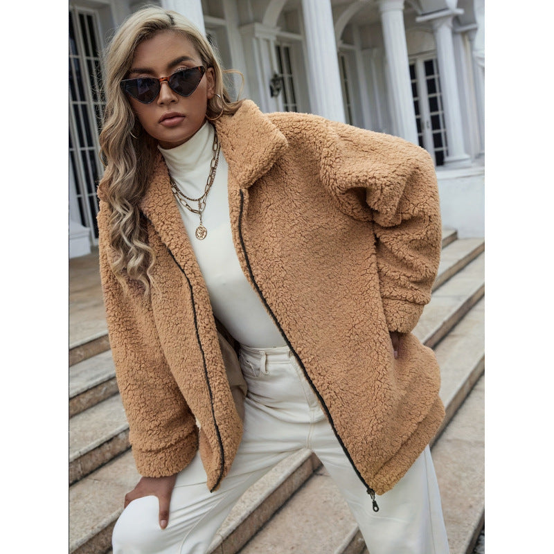 Women's Cozy Fleece Jacket with High Collar and Zipper NOVAE