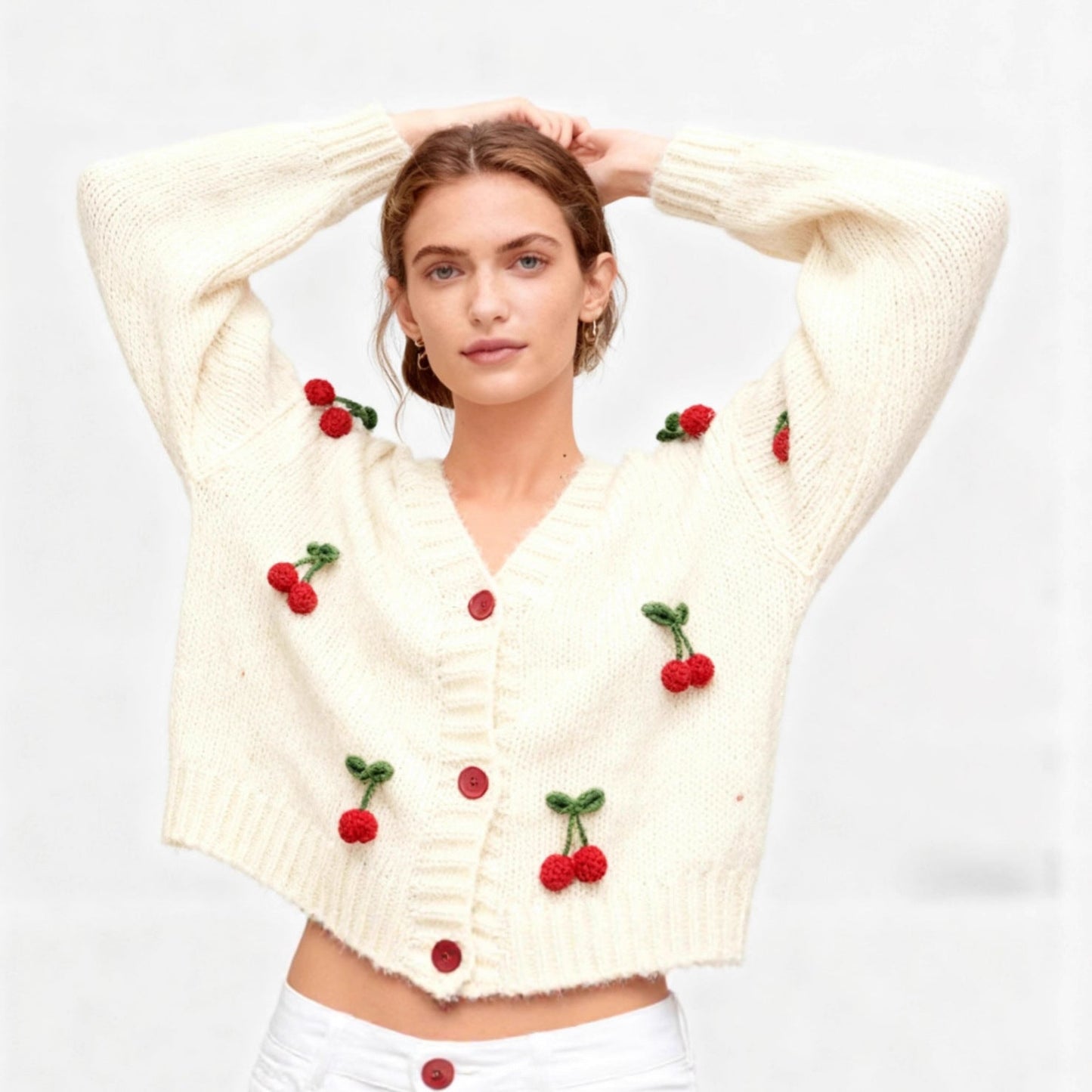 Women's cardigan with a cheerful cherry design and practical button details NOVAE