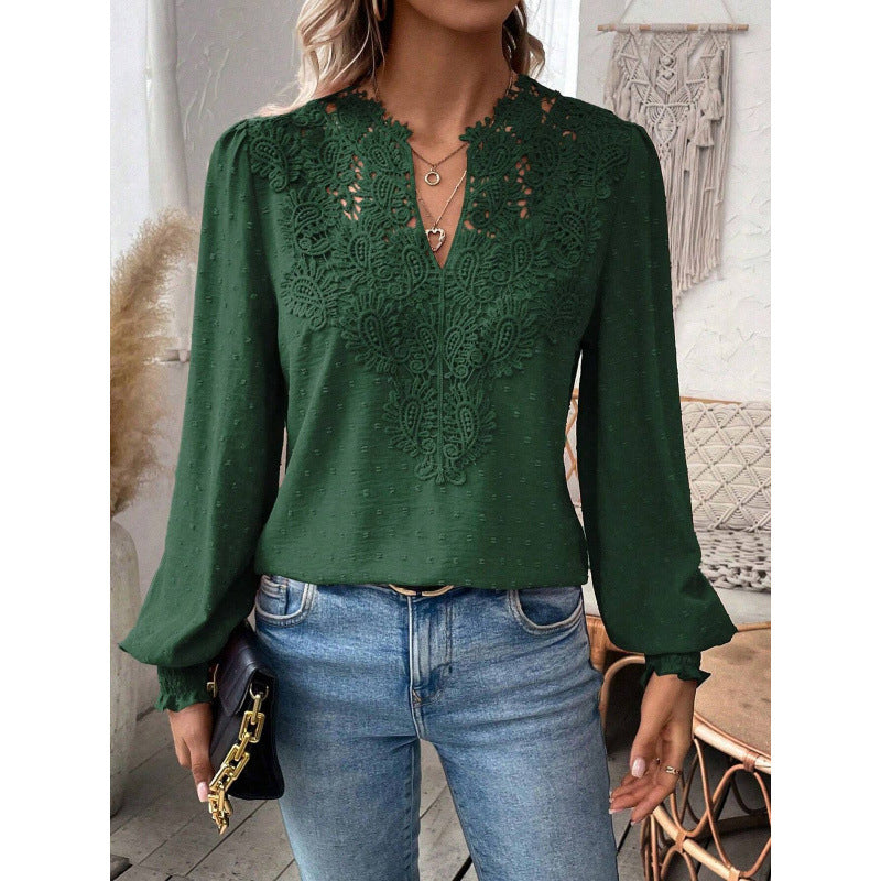 Women's blouse with embroidered V-neck and long sleeves NOVAE
