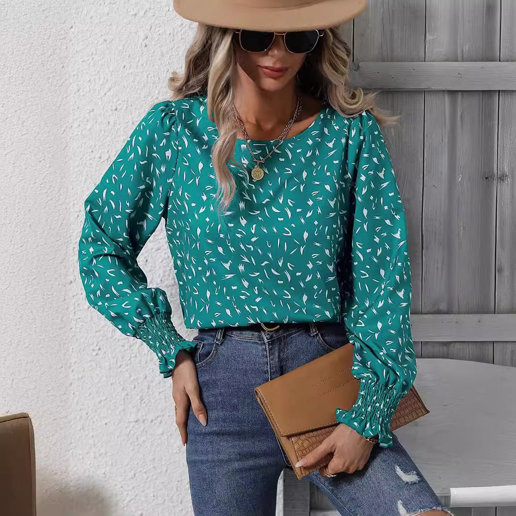 Women's elegant blouse with sophisticated puff sleeves and delicate pattern NOVAE