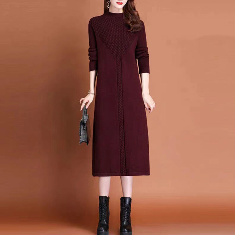 Women's knitted maxi dress with high collar and elegant cable details NOVAE