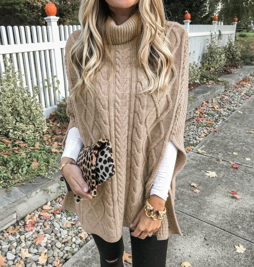 Women's knitted poncho with high collar and decorative cable pattern NOVAE