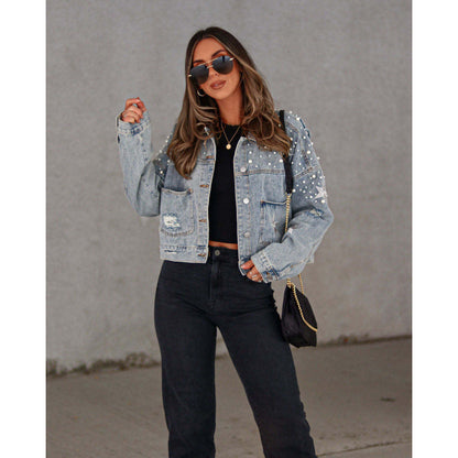 Women's denim jacket with eye-catching appliqués and oversized cut NOVAE