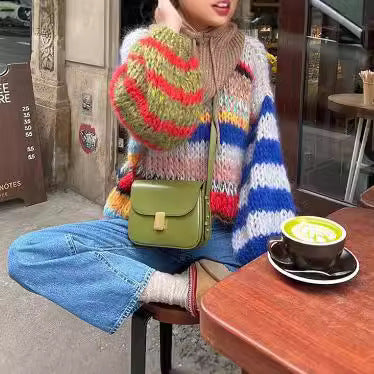 Women's Cozy Knit Sweater with Wide Flared Sleeves and Colorful Stripe Pattern NOVAE