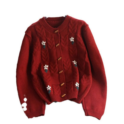 Women's cardigan with floral cable pattern and wooden buttons NOVAE