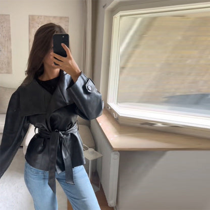 Women's Fashionable Cropped Leather Jacket with Double Button Placket and Wide Collar NOVAE