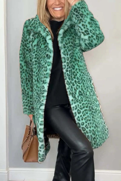 Women's Fluffy Leopard Print Jacket with High Collar NOVAE