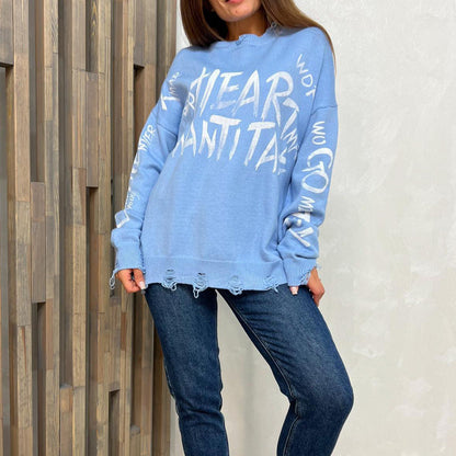 Women's oversized sweatshirt with creative lettering and fashionable ripped details NOVAE