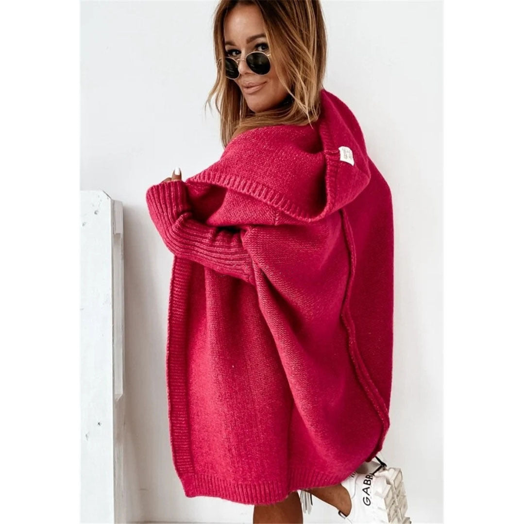Women's Oversized Knit Cardigan with Hood and Textured Design NOVAE