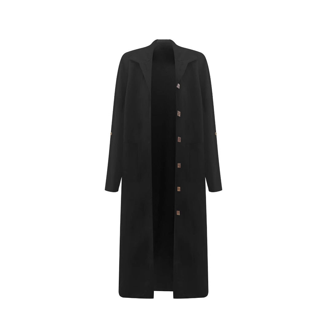 Women's Long Oversized Jacket with Elegant Button Details and Deep Collar NOVAE