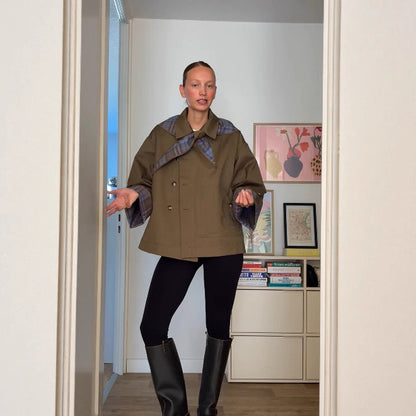 Women's fashionable transitional jacket with multi-check pattern and embroidered details NOVAE