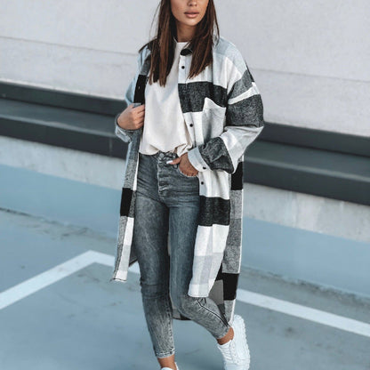 Women's Long Check Winter Coat with Button-Down Design and Loose Fit NOVAE