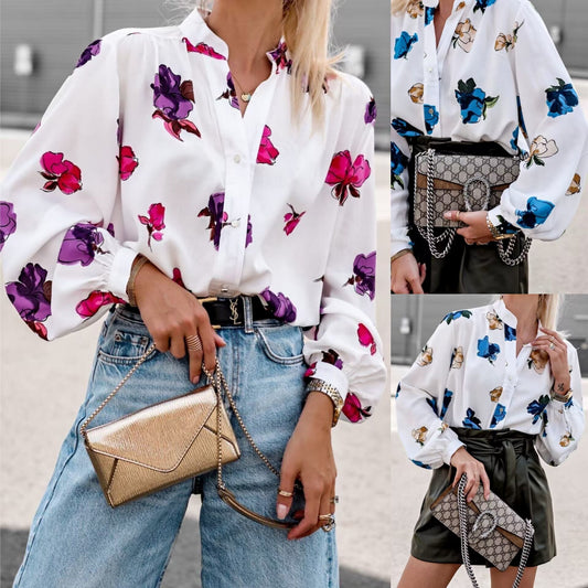 Women's elegant blouse with floral pattern and striking puff sleeves NOVAE