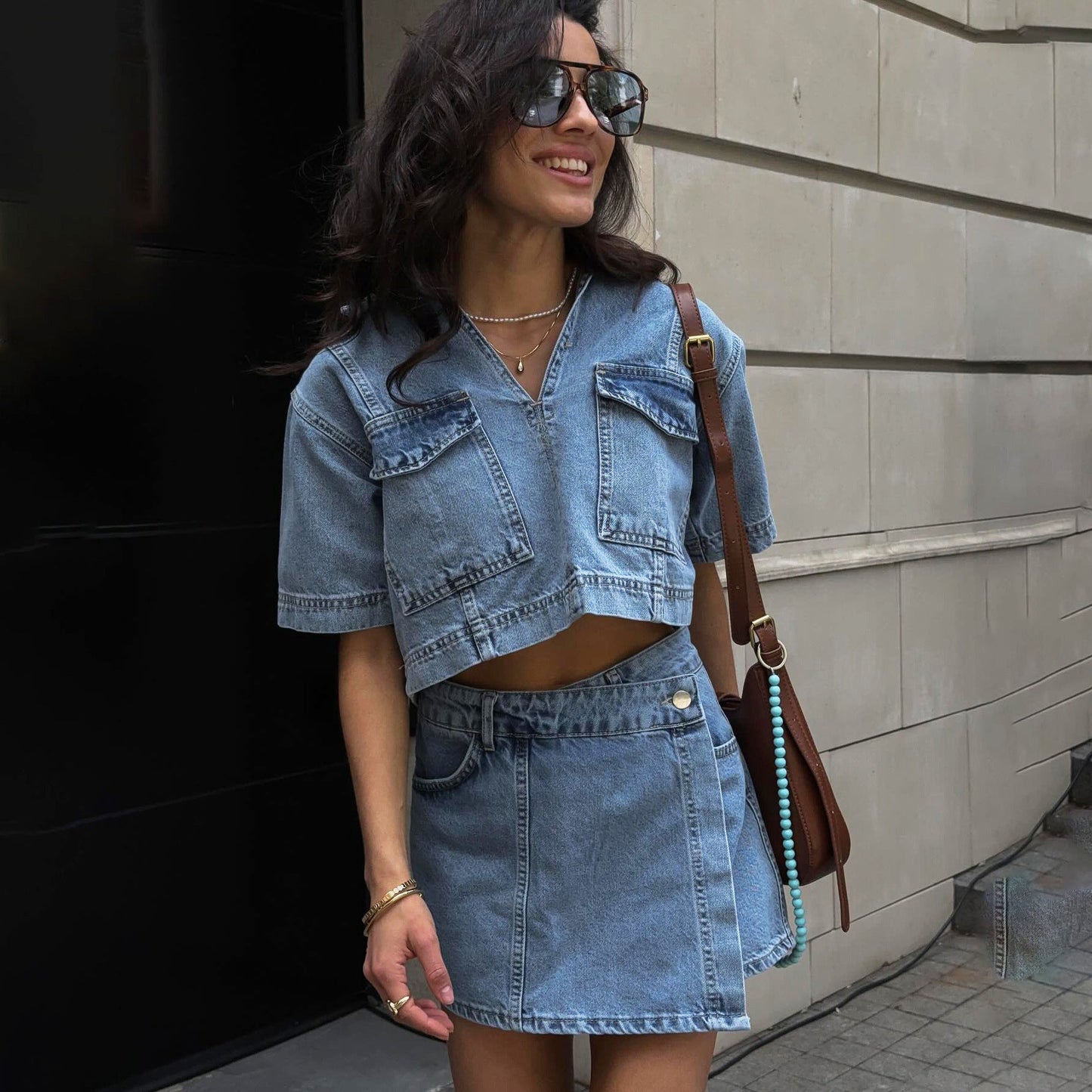 Women's denim crop top and skirt set NOVAE