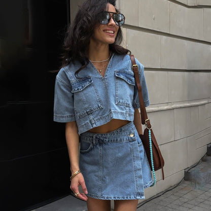 Women's denim crop top and skirt set NOVAE