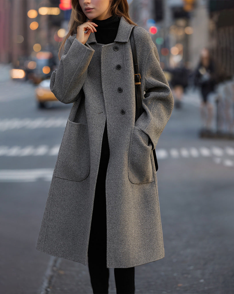 Women's Elegant Wool Coat with High Pockets and Classic Lapels NOVAE