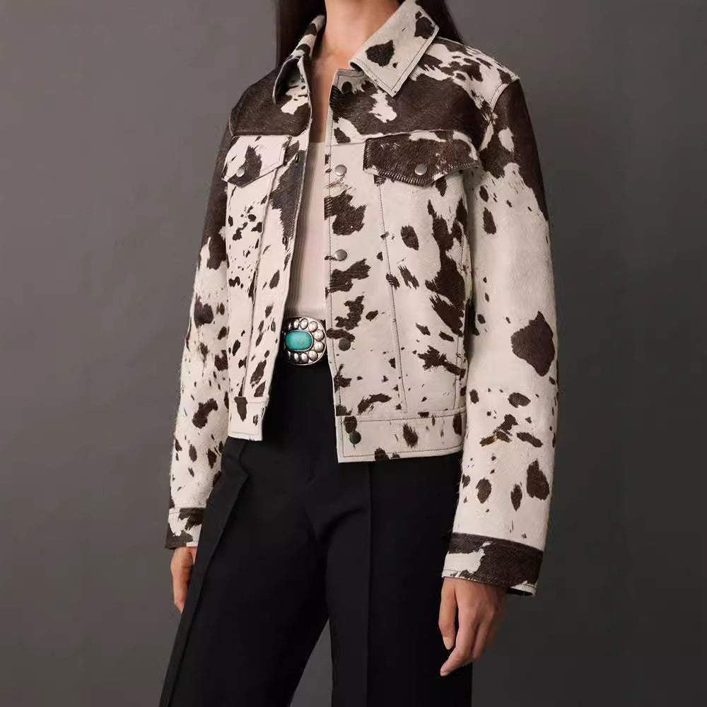 Women's denim jacket in a casual cow print with textured accents NOVAE