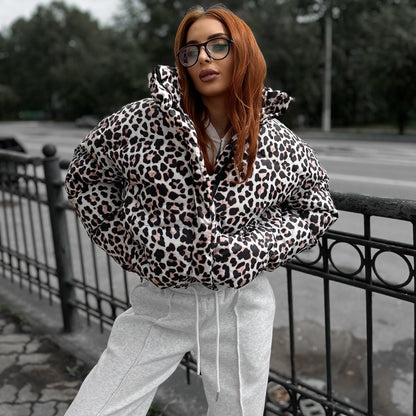 Women's stylish padded down jacket in fashionable leopard print NOVAE