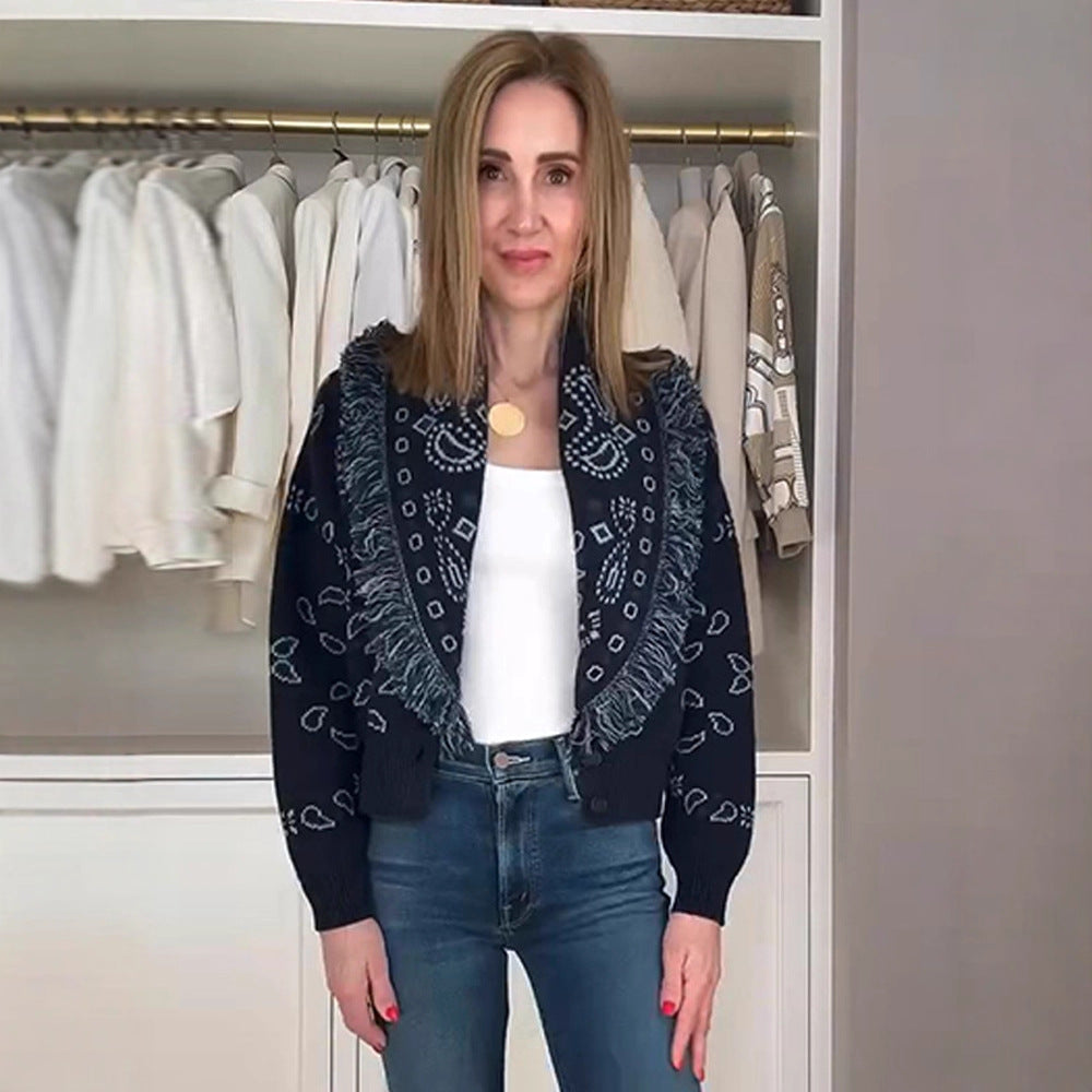 Women's knitted cardigan with fringed details and geometric pattern NOVAE