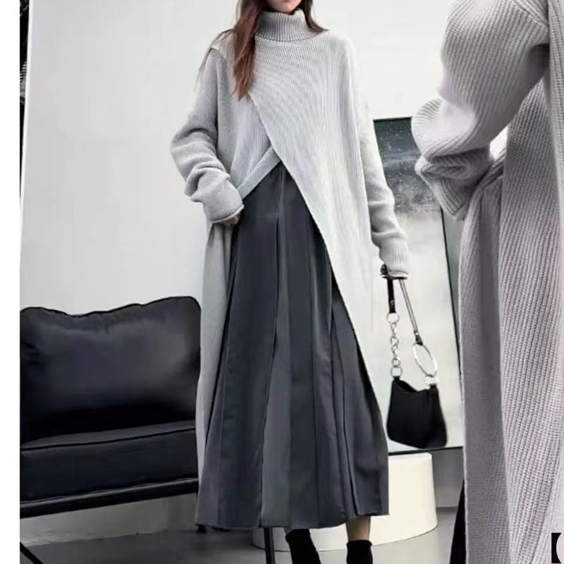 Women's knitted coat with high collar and asymmetrical cut NOVAE