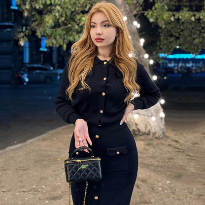 Women's structured knit ensemble with decorative pockets and button placket NOVAE