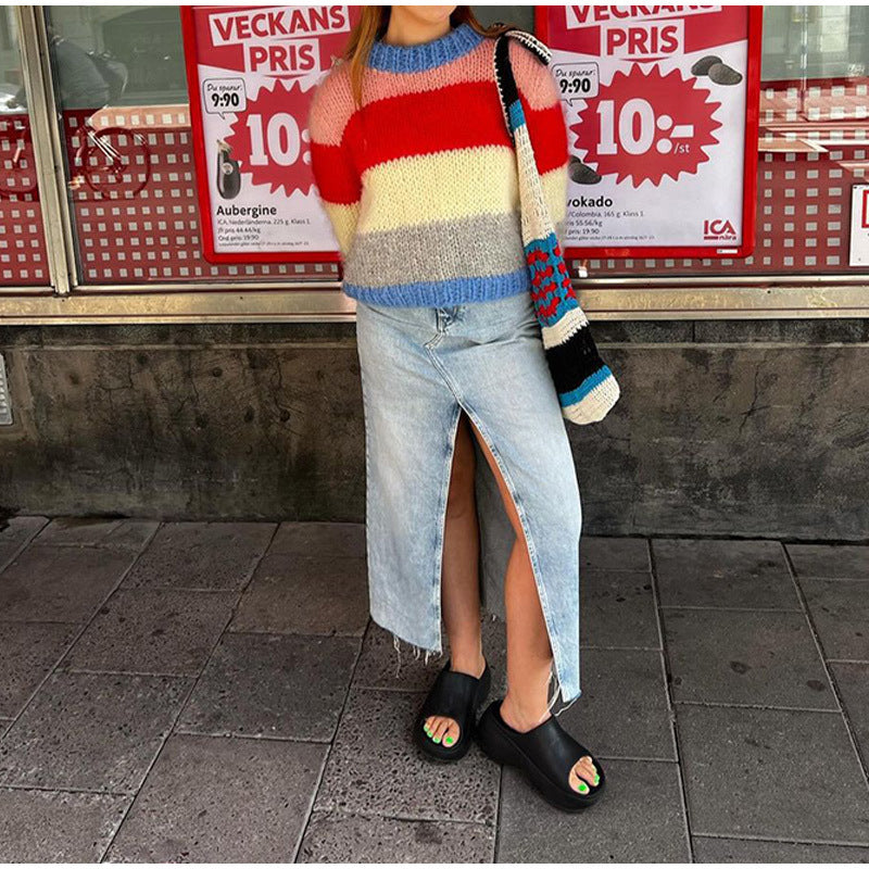 Women's colorful knit sweater with contrasting patterns NOVAE