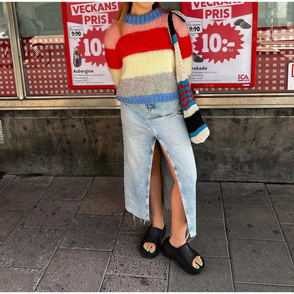 Women's colorful knit sweater with contrasting patterns NOVAE