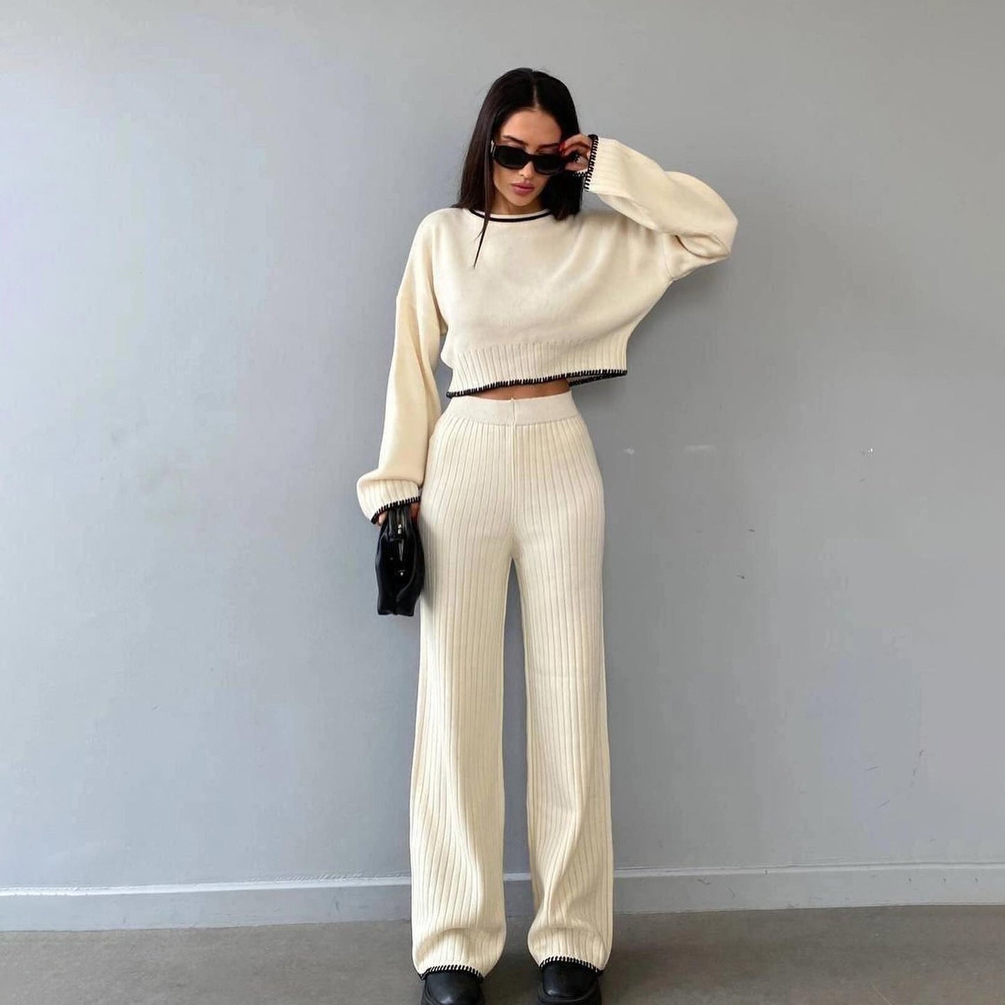 Women's cropped sweater and wide-leg trousers set with modern ribbed texture NOVAE