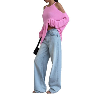 Women's casual knit sweater with open shoulder design and soft rib pattern NOVAE