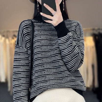 Women's knitted sweater with a modern striped pattern and comfortable thumb holes NOVAE