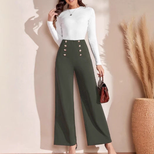 Women's High-Waisted Wide Leg Trousers with Decorative Buttons NOVAE