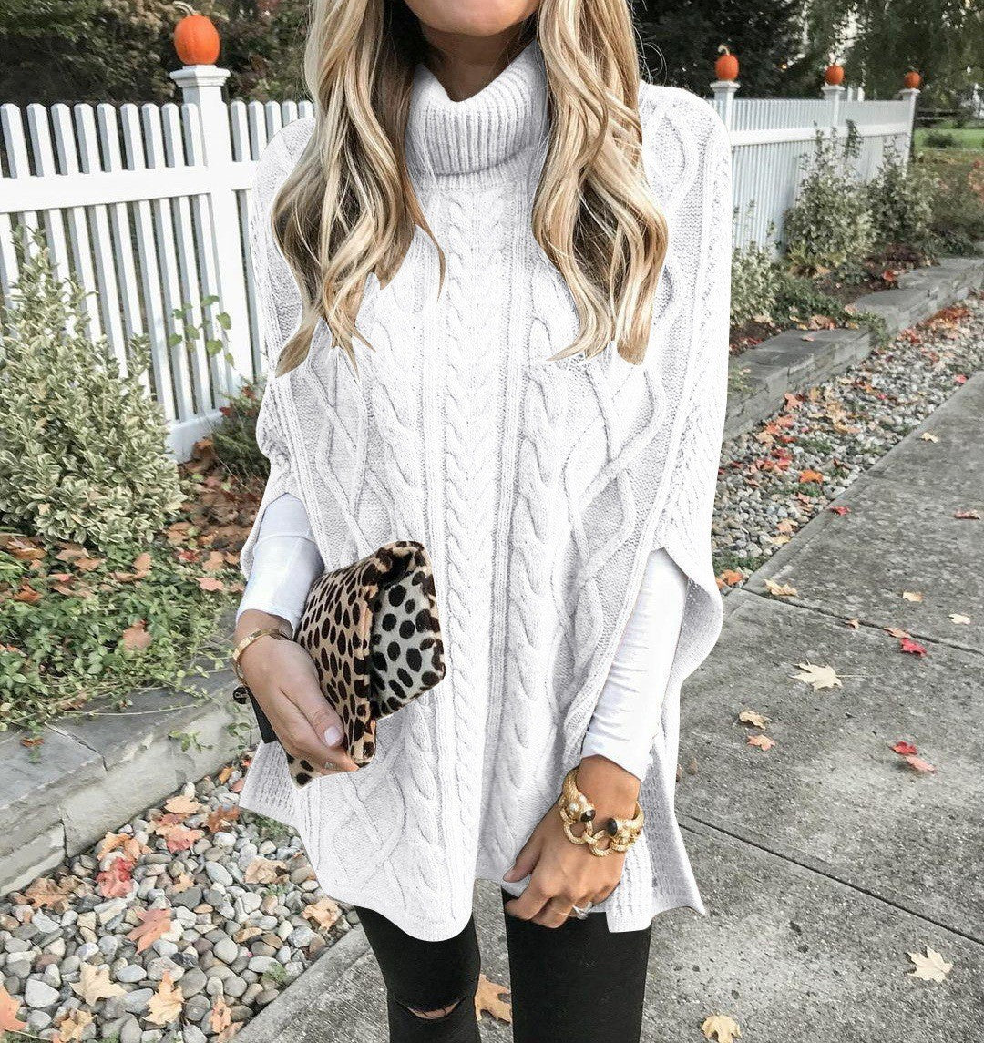 Women's knitted poncho with high collar and decorative cable pattern NOVAE