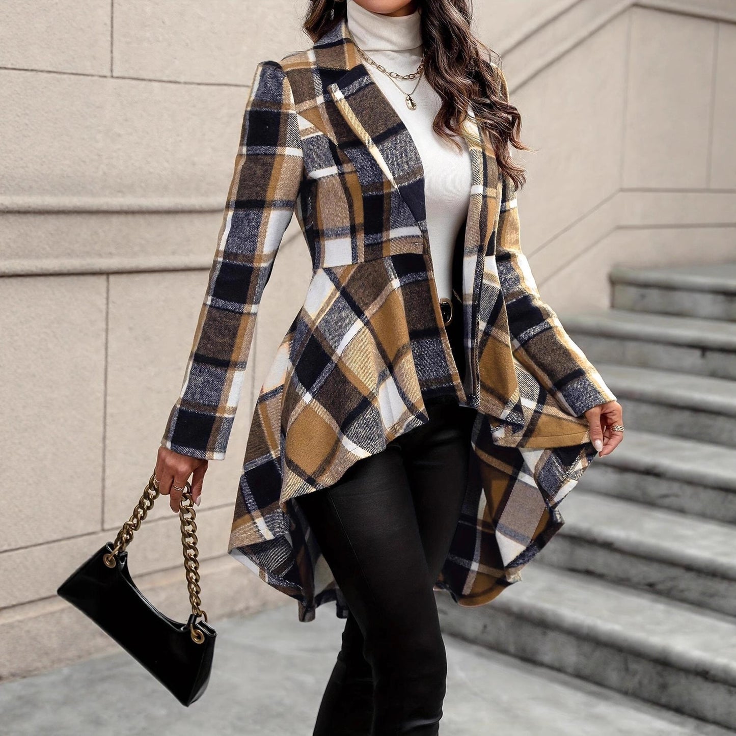 Women's elegant and flowing checked jacket with asymmetrical hem NOVAE