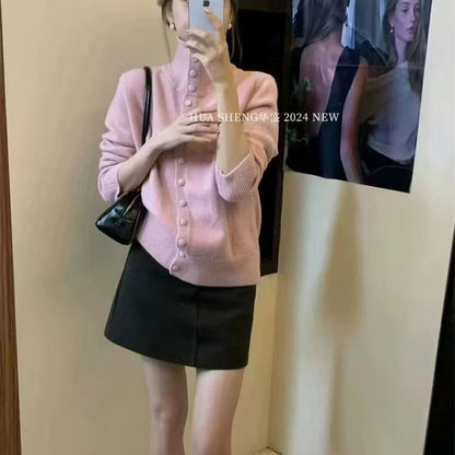 Women's High-Quality Knit Cardigan with Stand-Up Collar and Button Details NOVAE