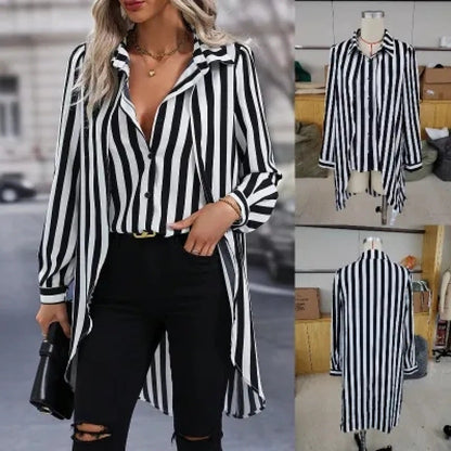 Women's long-sleeved shirt blouse in a modern striped look with an asymmetrical cut NOVAE
