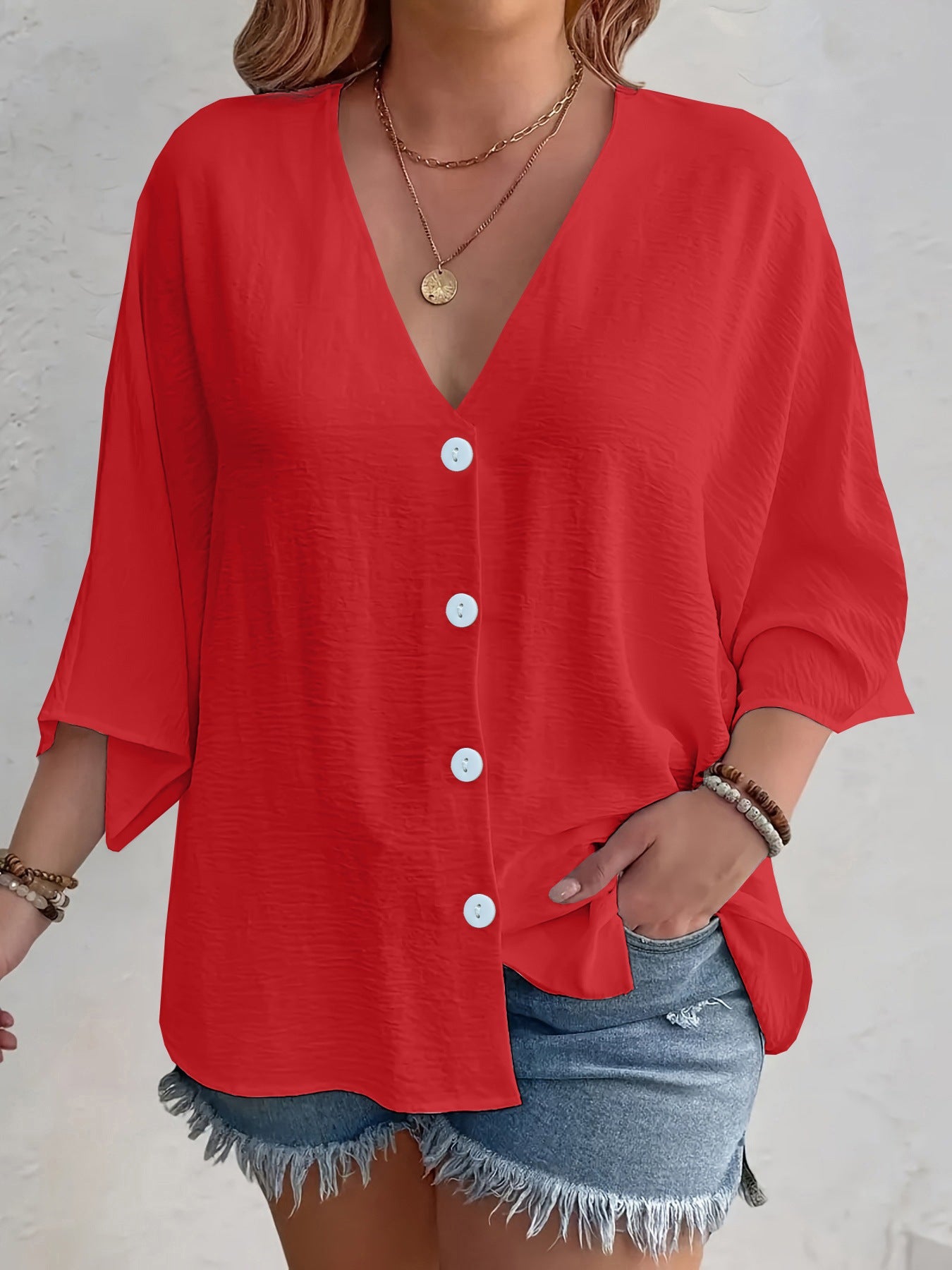 Women's flattering short-sleeved blouse with button placket and V-neck NOVAE