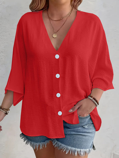 Women's flattering short-sleeved blouse with button placket and V-neck NOVAE