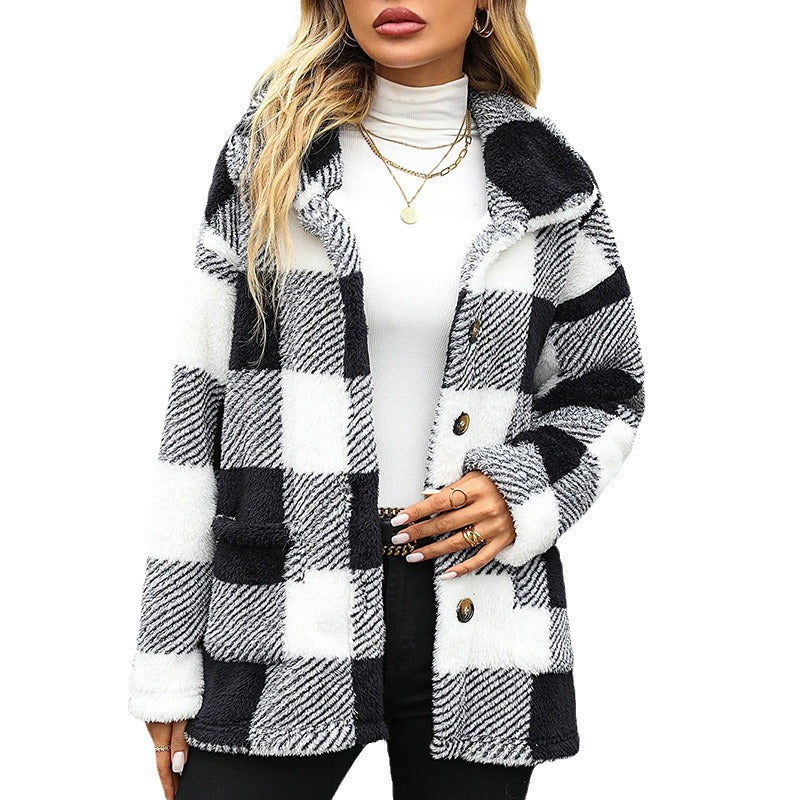 Women's plush jacket with trendy check pattern and practical pockets NOVAE